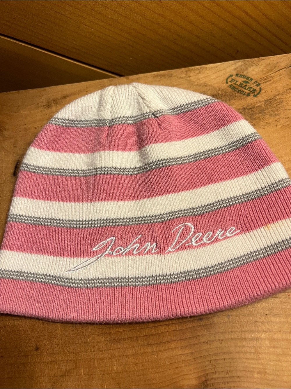 John Deere Reversible Pink Striped White Embroidered Script Beanie OSFA